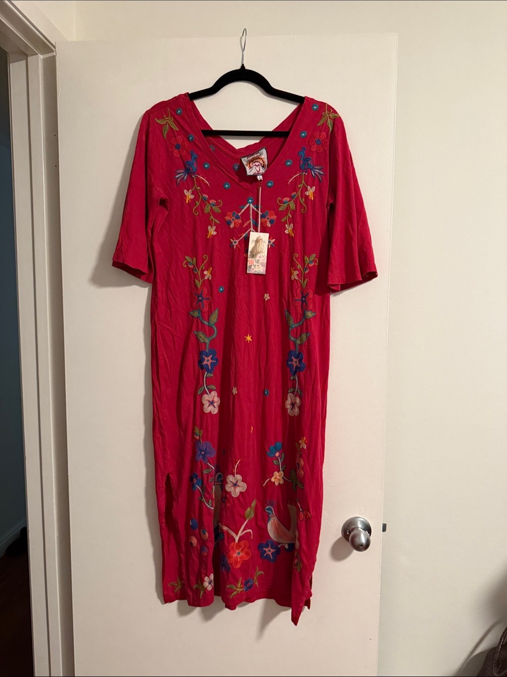 Johnny Was Raspberry Pink Embroidered Midi Dress with minor imperfections